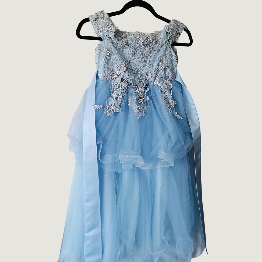Joy Kids USA Girls Blue Lace Tulle Flower Girl Pageant Dress Size 6 Pearl Sequin